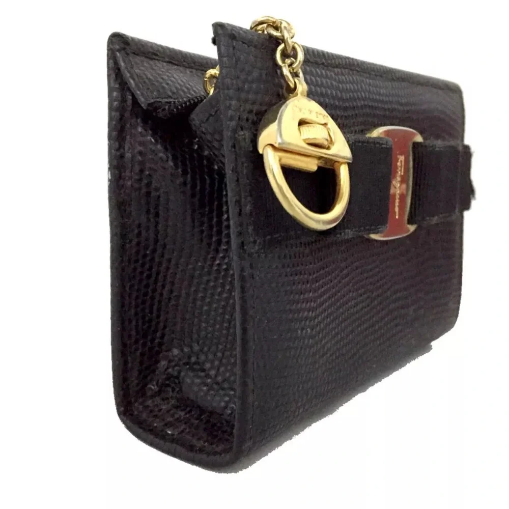 Authentic Salvatore Ferragamo Vara Ribbon Leather Cosmetic Pouch Bag Black - Picture 2 of 11